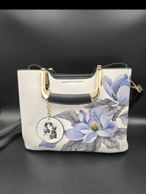 White Floral Tote with Gold Accents and Removable Charm